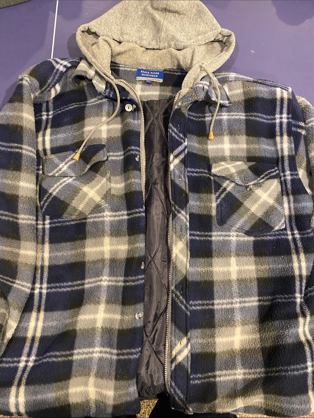 Hooded Plaid Shirt Jacket in Navy/Gray/White